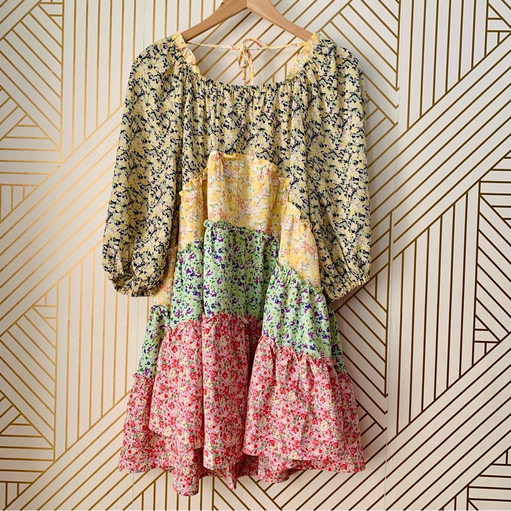 Umgee Floral puff sleeve tiered Layered Ruffle Hem scoop neck multicolor Dress S - Picture 7 of 8